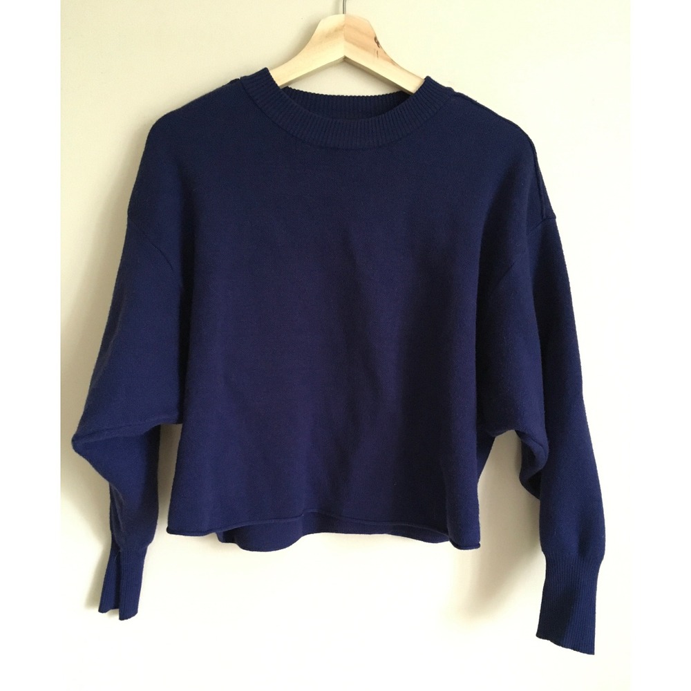 Lumiere Womens Navy Blue Batwing Sleeve Cropped Crew Neck Knit Sweater Small